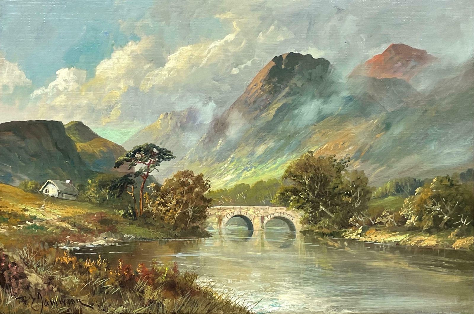 Francis E. Jamiesonantique Scottish Highlands Oil Painting River & Mountains Old Stone Bridgec.1930's photo Art