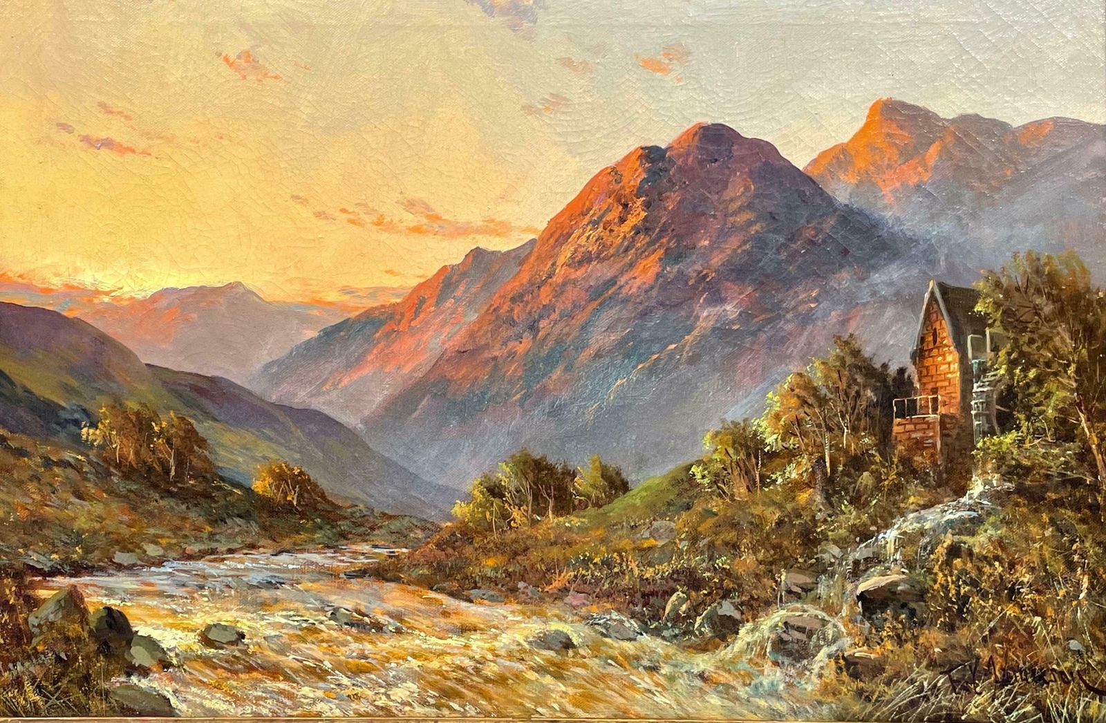 Francis E. Jamiesonantique Scottish Highlands Oil Painting Sunset River Landscape With Mountainsc.1930's photo Art