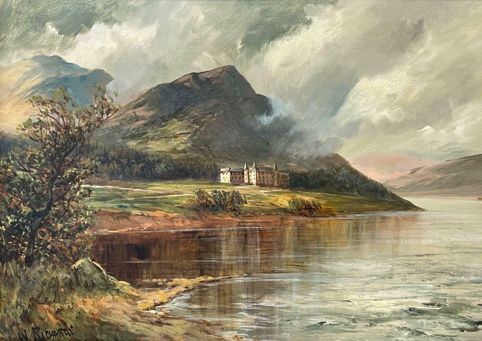 Francis E. Jamiesonantique Scottish Highlands Signed Oil Painting Loch Achray Trossachs Hotelc.1930's photo furniture