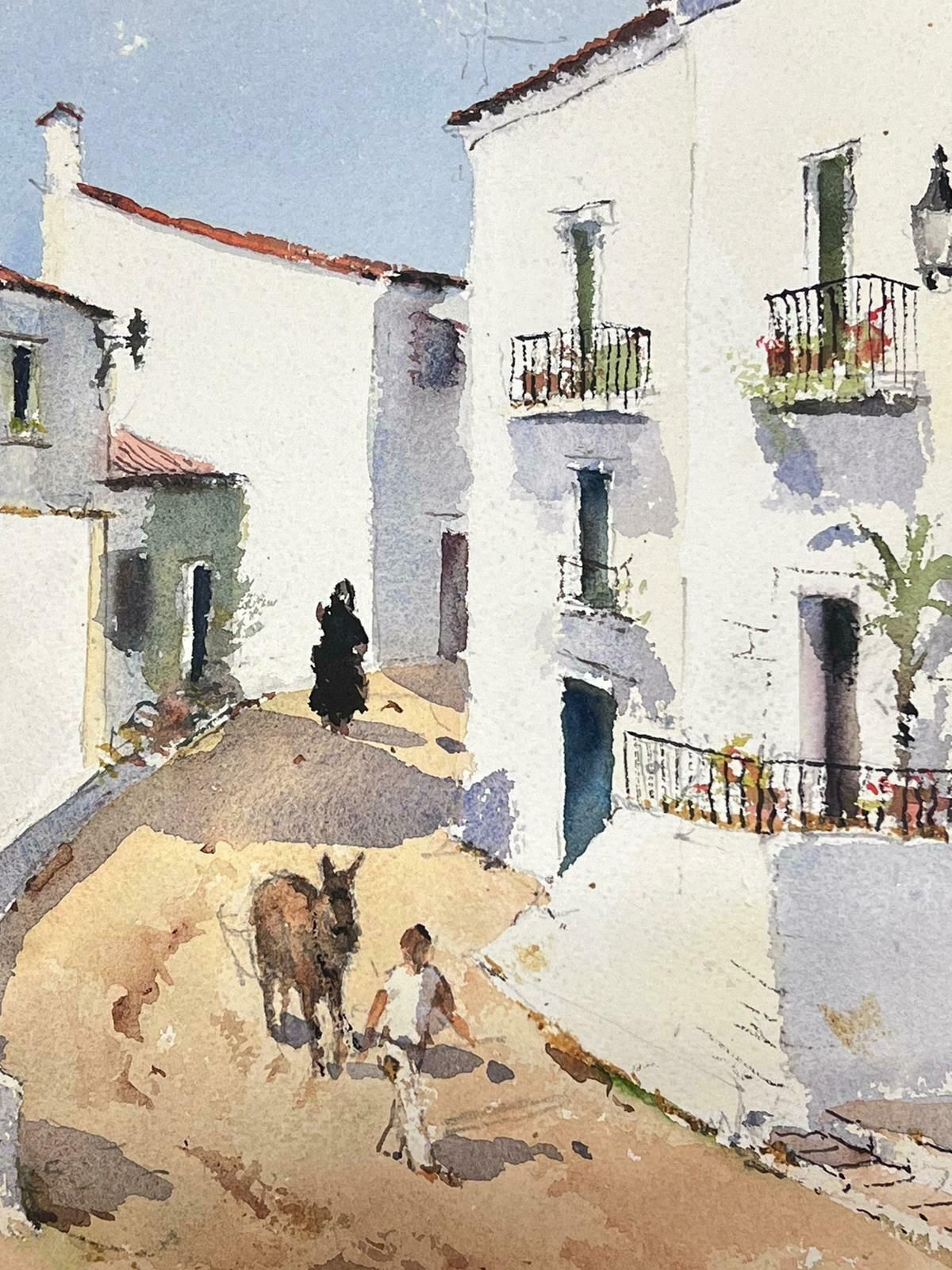 Anthony Averybritish Original Impressionist Watercolor Figure Walking Donkey Through Village photo for sale