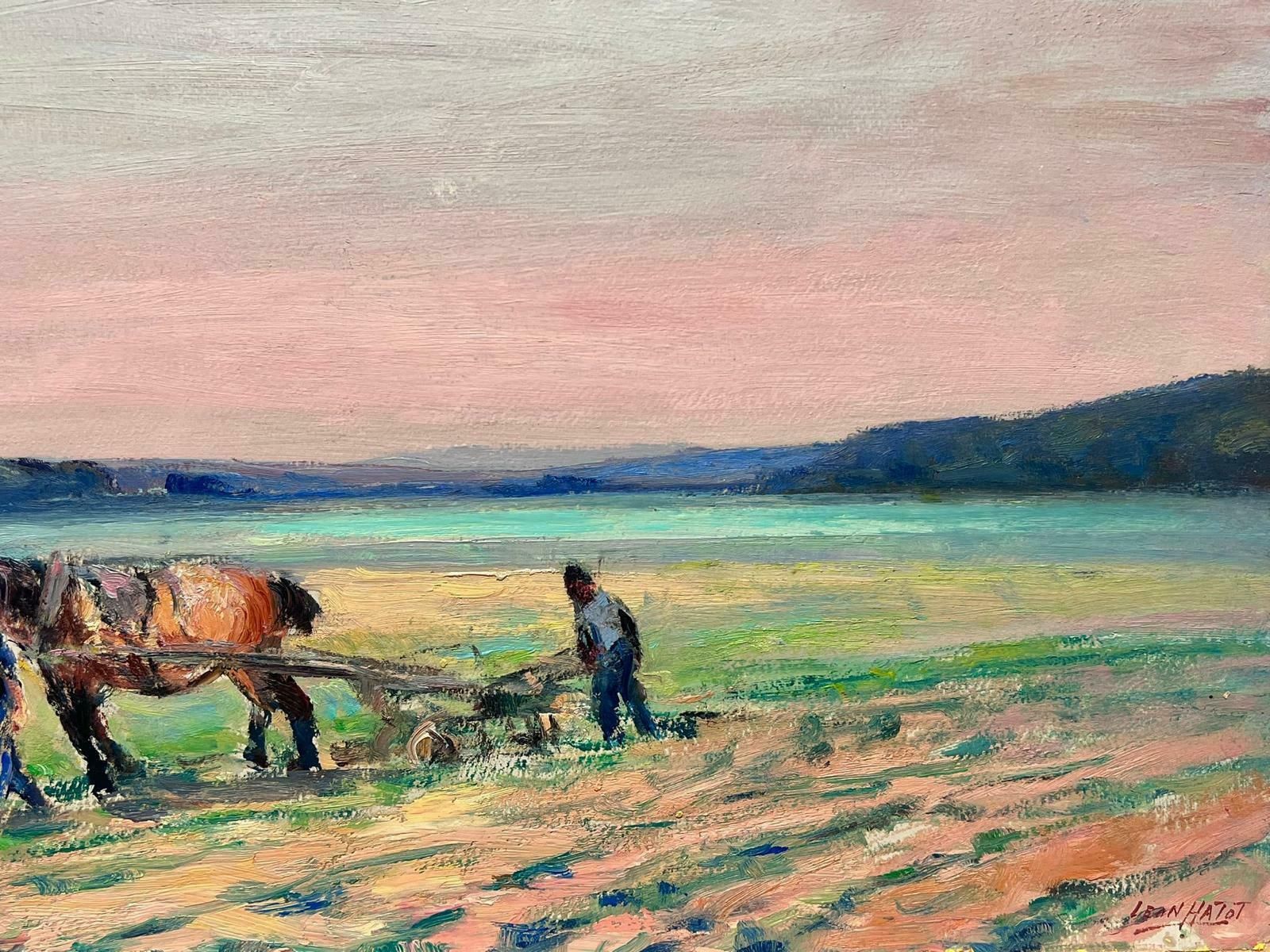 Leon Hatotvintage French Oil Painting Pink Sunset Over Horse And Farmers In Field photo Art