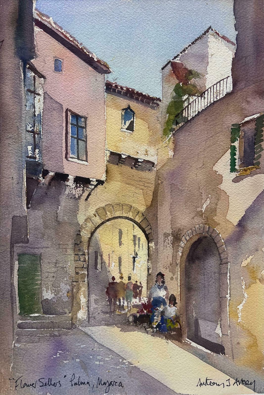 Anthony Averybritish Original Impressionist Watercolor Flower Sellers In Palma Majorca