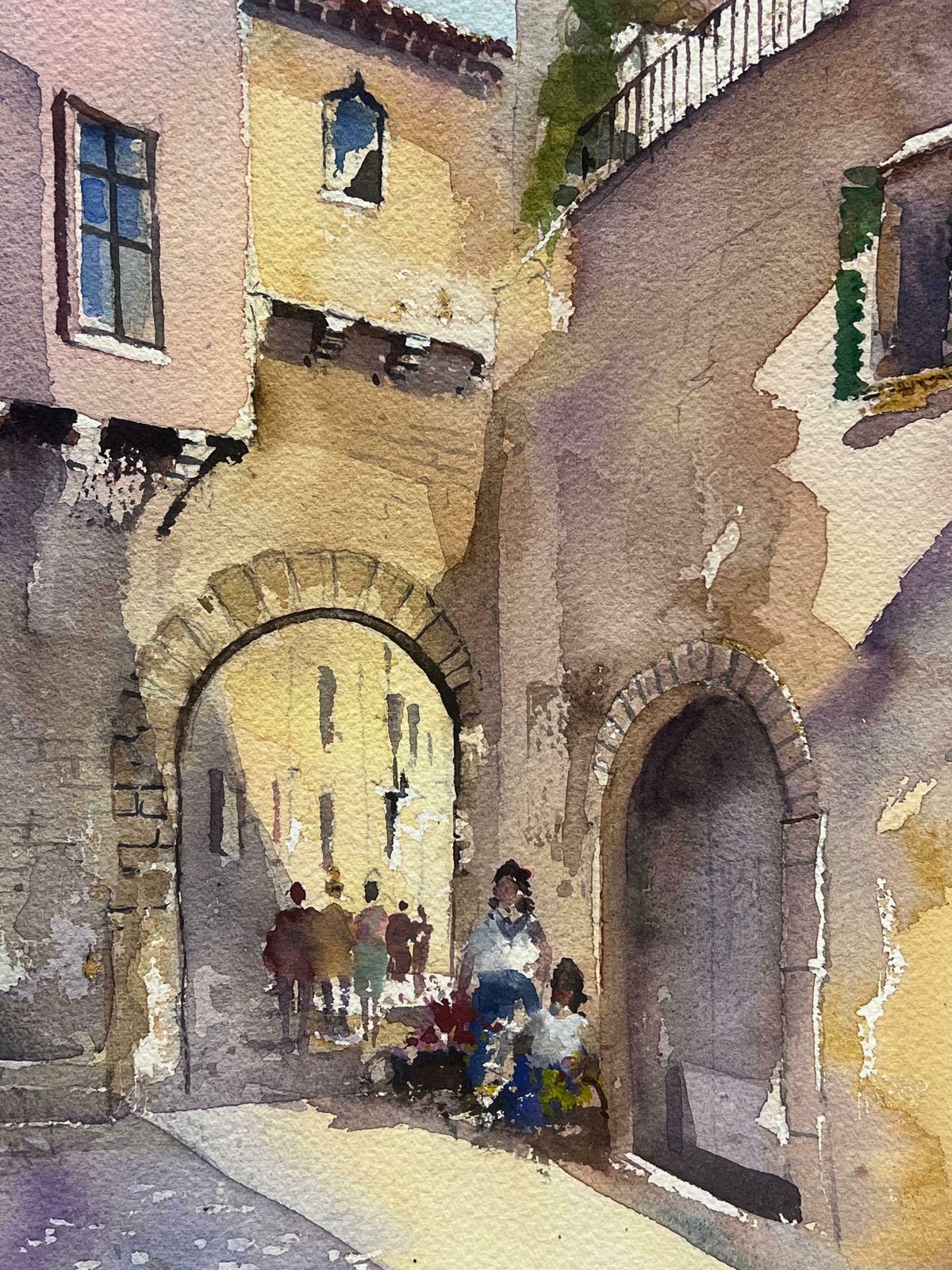 Anthony Averybritish Original Impressionist Watercolor Flower Sellers In Palma Majorca photo buy
