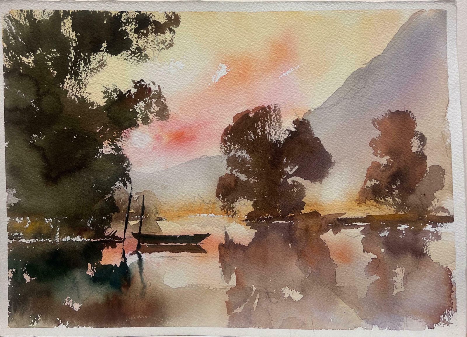 Anthony Averybritish Original Impressionist Watercolor Sunset Over Mountain Lake Landscape photo furniture