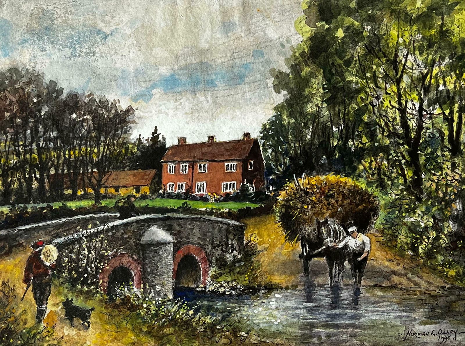 Norman A Olleyhaycart Crossing The Ford Of The Old Packhorse Bridge