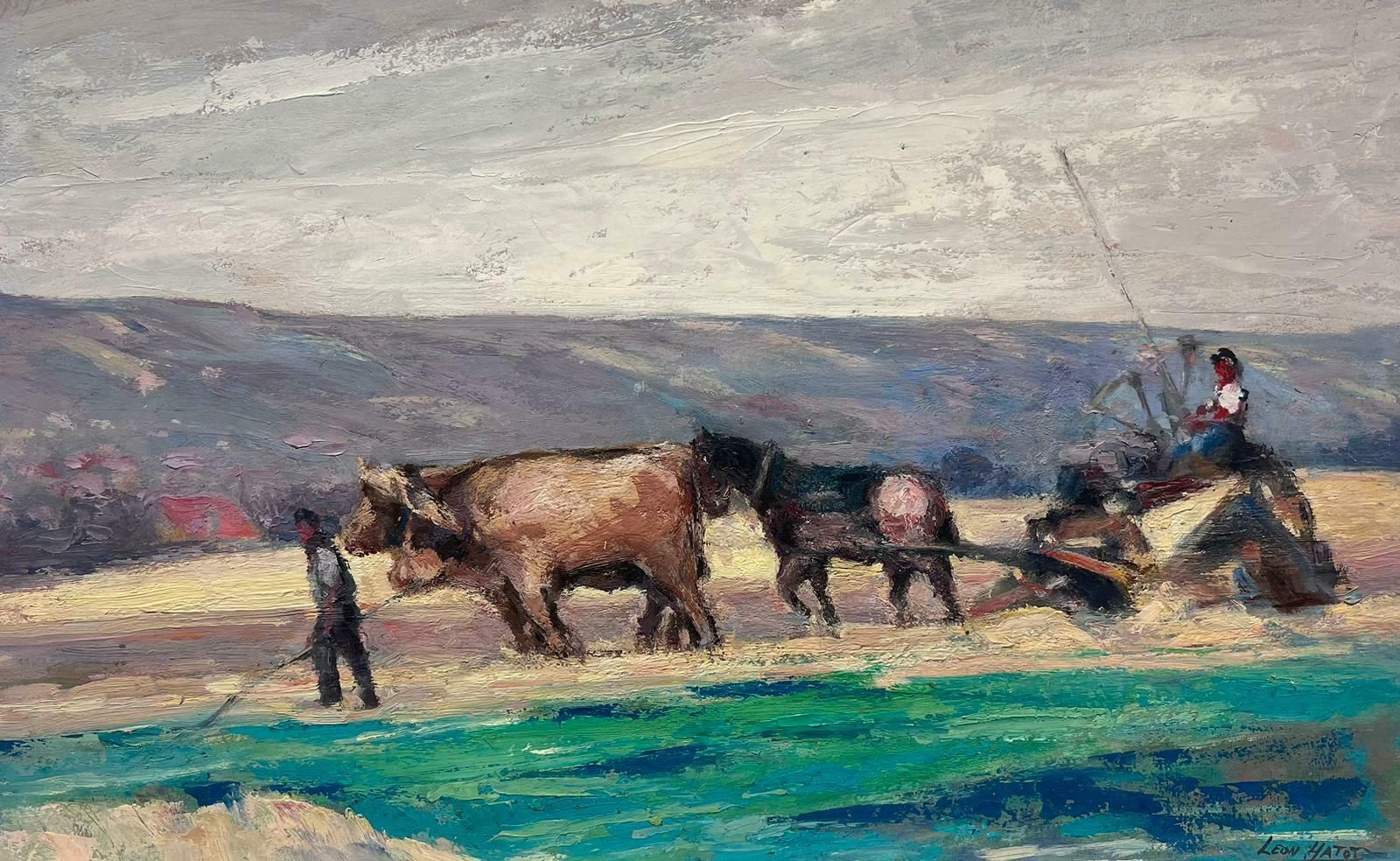 Leon Hatotfrench Oil Painting Of Horses & Cows In The Harvest Pulling An Old Corn Shredder