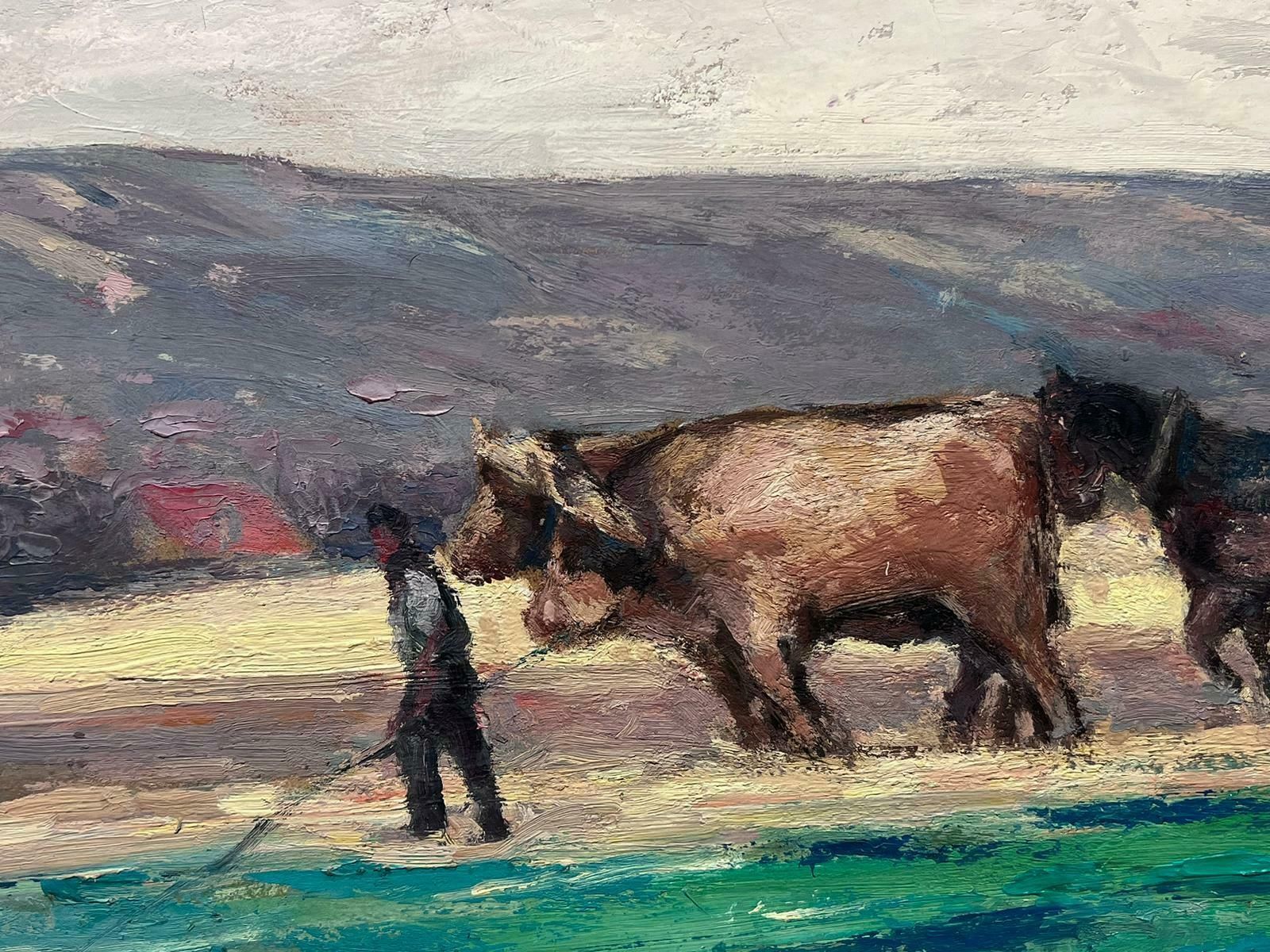Leon Hatotfrench Oil Painting Of Horses & Cows In The Harvest Pulling An Old Corn Shredder photo for sale