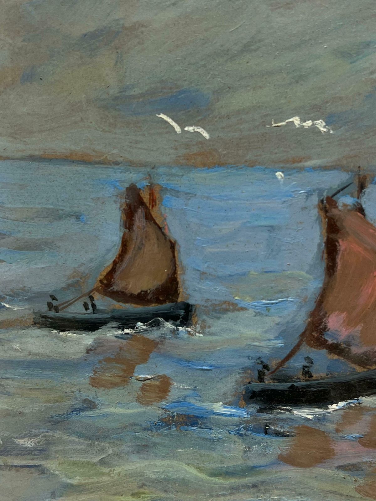 Fanch Lelchoppy Seascape With Red Sailboats And Seagulls French Oil Painting20th Century photo Art