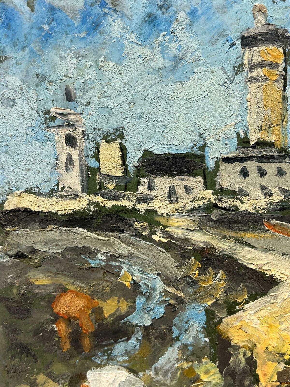 Fanch Lelcharming Lighthouse And Coastal Village Scene With Fishermen & Figures20th Century photo Art