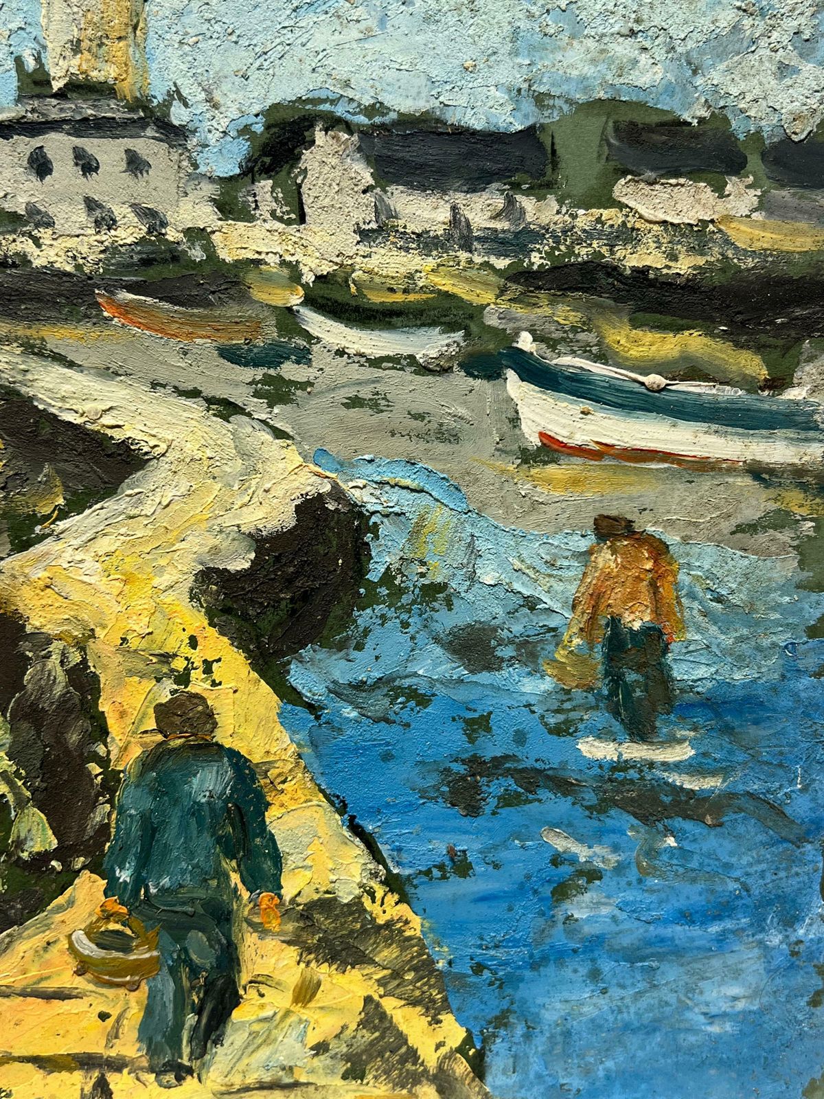 Fanch Lelcharming Lighthouse And Coastal Village Scene With Fishermen & Figures20th Century photo vinterior