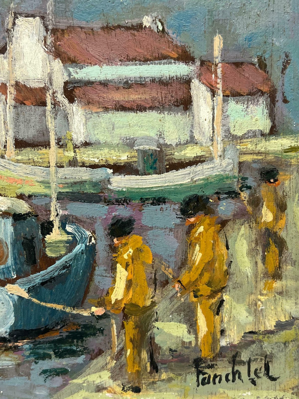 Fanch Lelcharming Harbor Scene With Fishing Boats And Fishermen In Orange Oilskins 20th Century photo Art