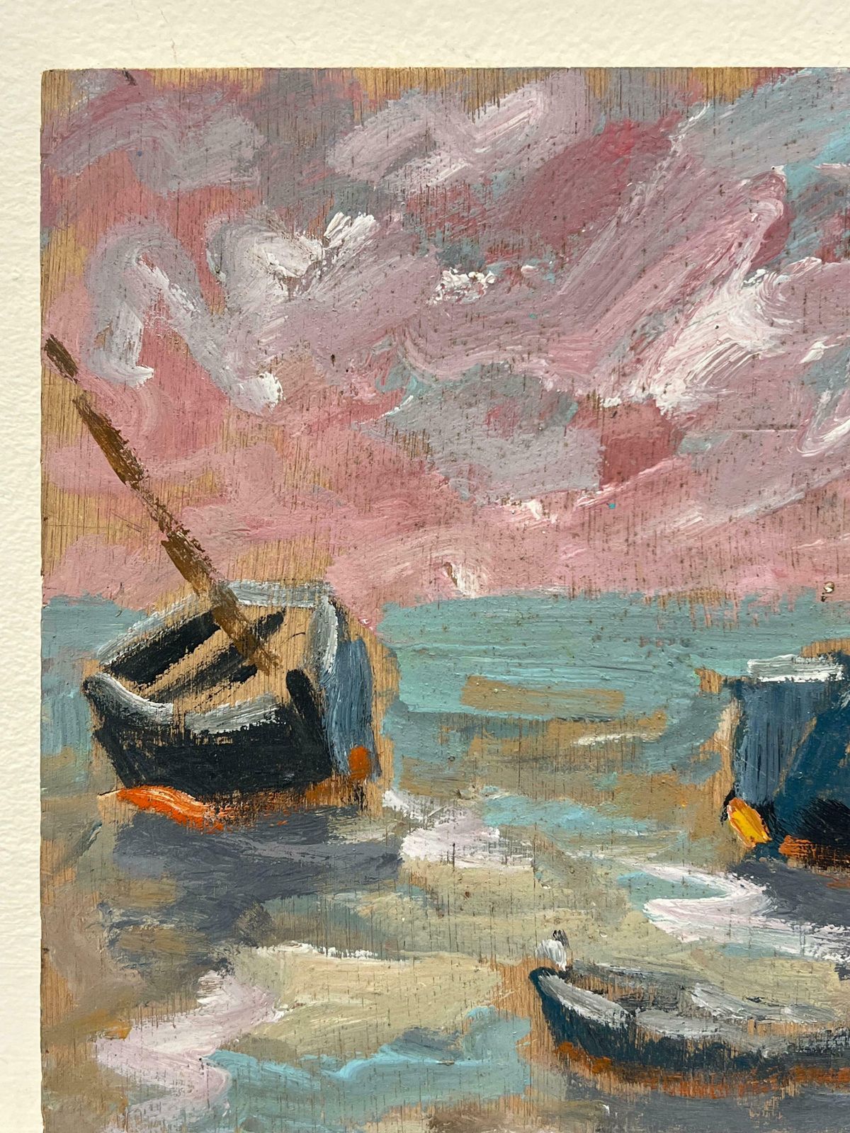 Fanch Lelbeached Blue Boats At Pink Sunset Coastal Scene French Oil Painting20th Century photo Art