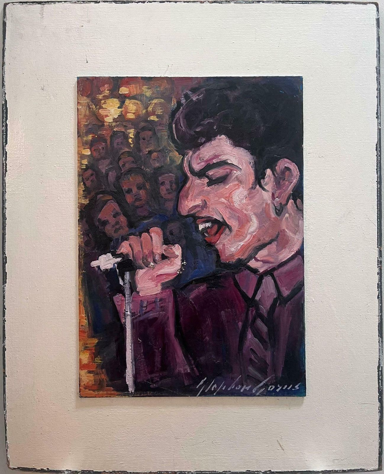 French Schoolportrait Of Freddie Mercury Signing Live, Signed French Oil Painting photo furniture