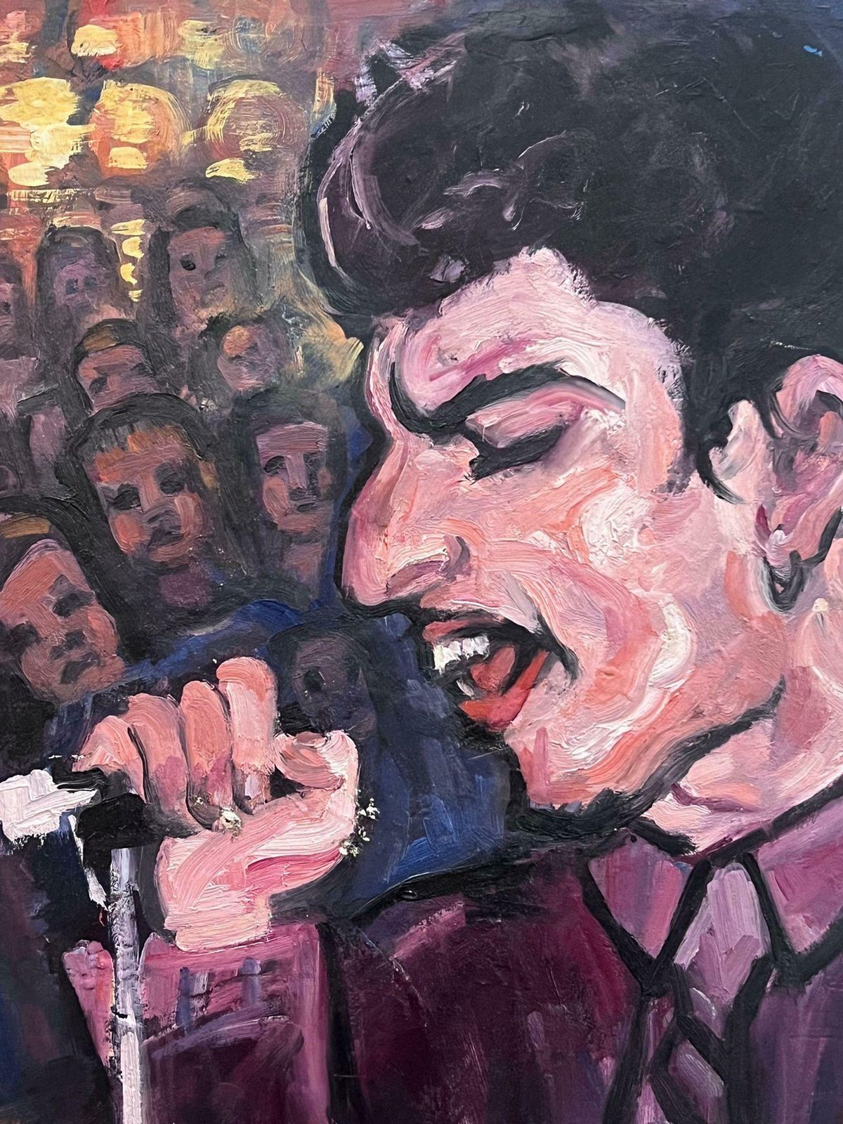 French Schoolportrait Of Freddie Mercury Signing Live, Signed French Oil Painting photo Art