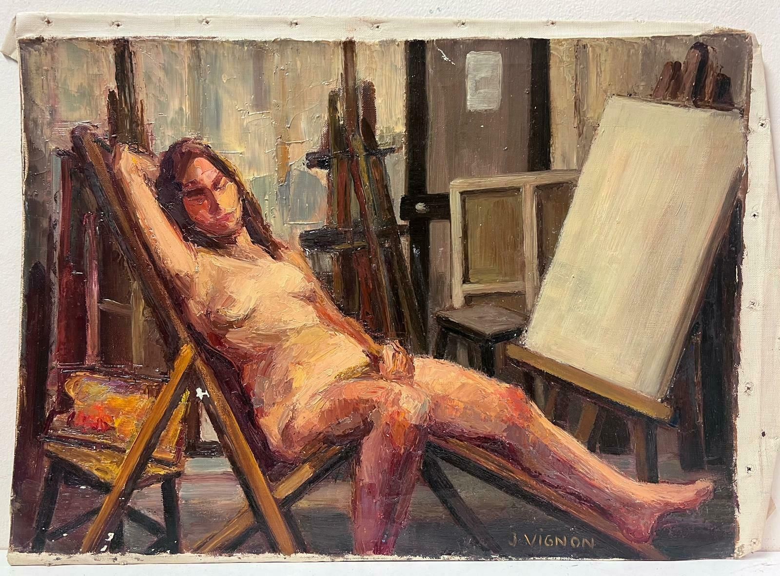 Josine Vignon1950s French Post Impressionist Signed Nude Lady Artists Studio Interior Easels1950s photo furniture