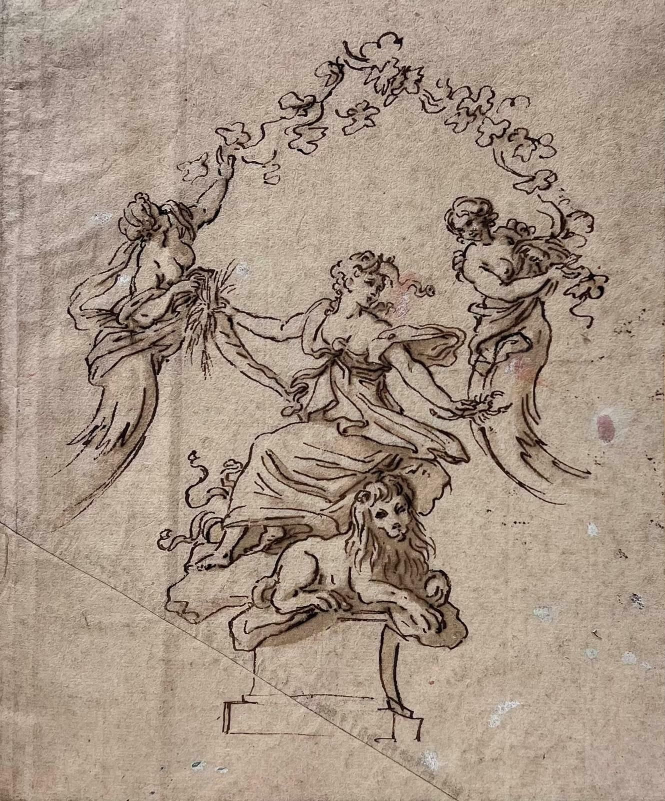 1700's Venetian Old Master Ink Drawing St. Marks Lion Angelic Figures Flowers photo furniture