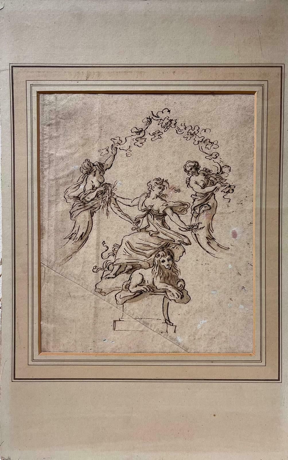 1700's Venetian Old Master Ink Drawing St. Marks Lion Angelic Figures Flowers photo for sale