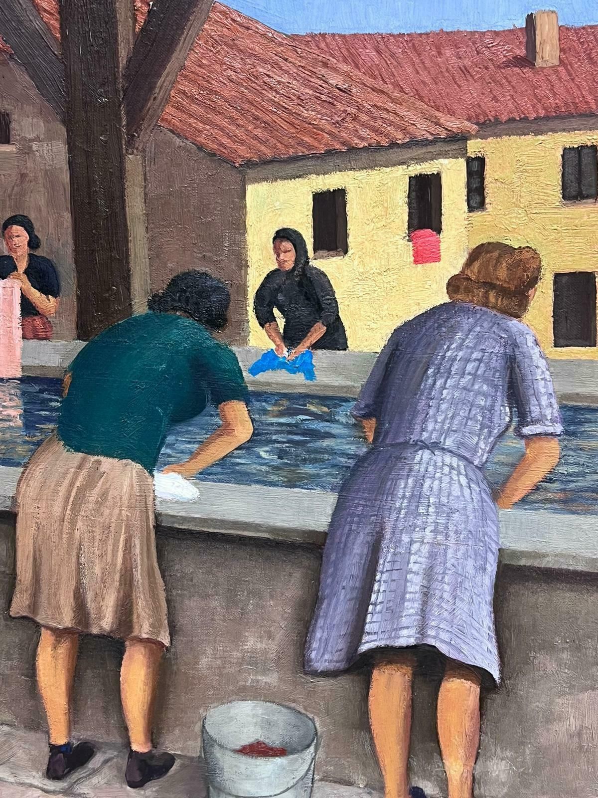 French Mid 20th Centurylarge 1950's French Signed Oil Painting Ladies Washing Clothes At Public Baths1950's photo Art