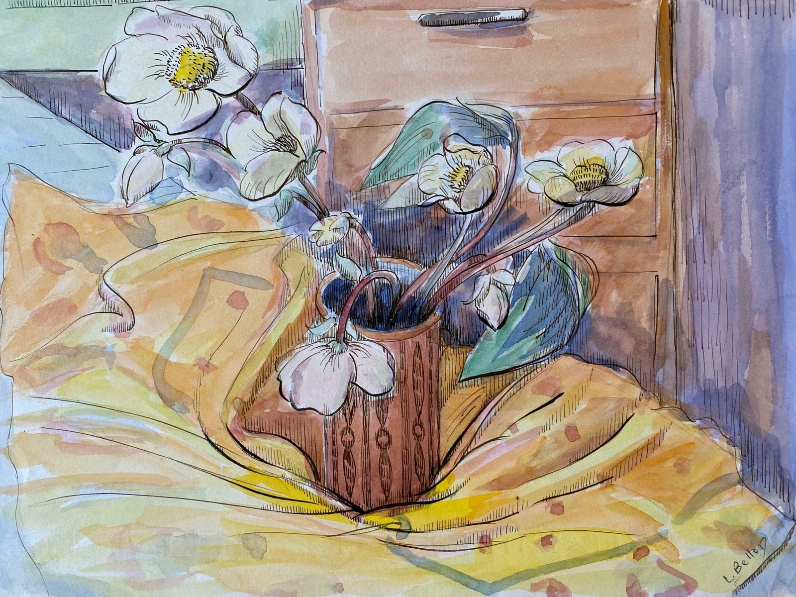 Louis Bellon1940's Post Impressionist Artist Still Life Flowers In Vasec. 1940s photo furniture