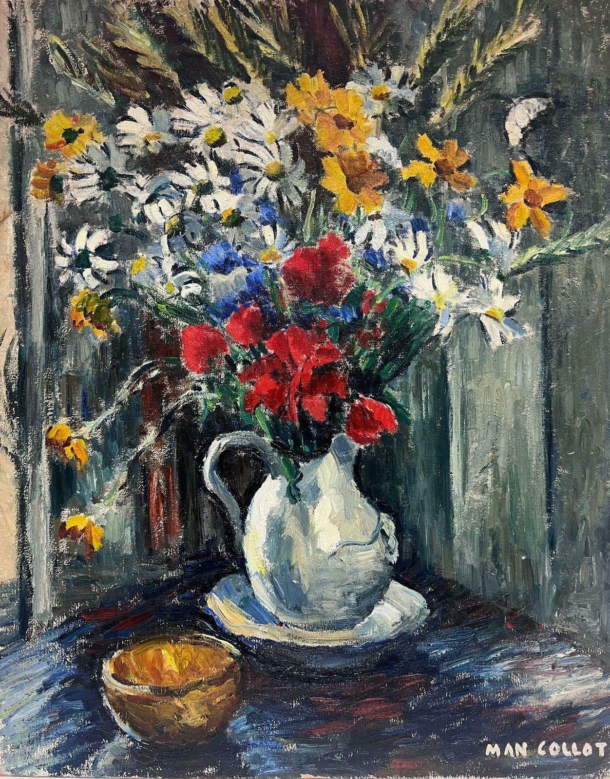 French Schoolfrench 1950's Signed Large Oil Painting Colourful Flowers In Vase Still Life