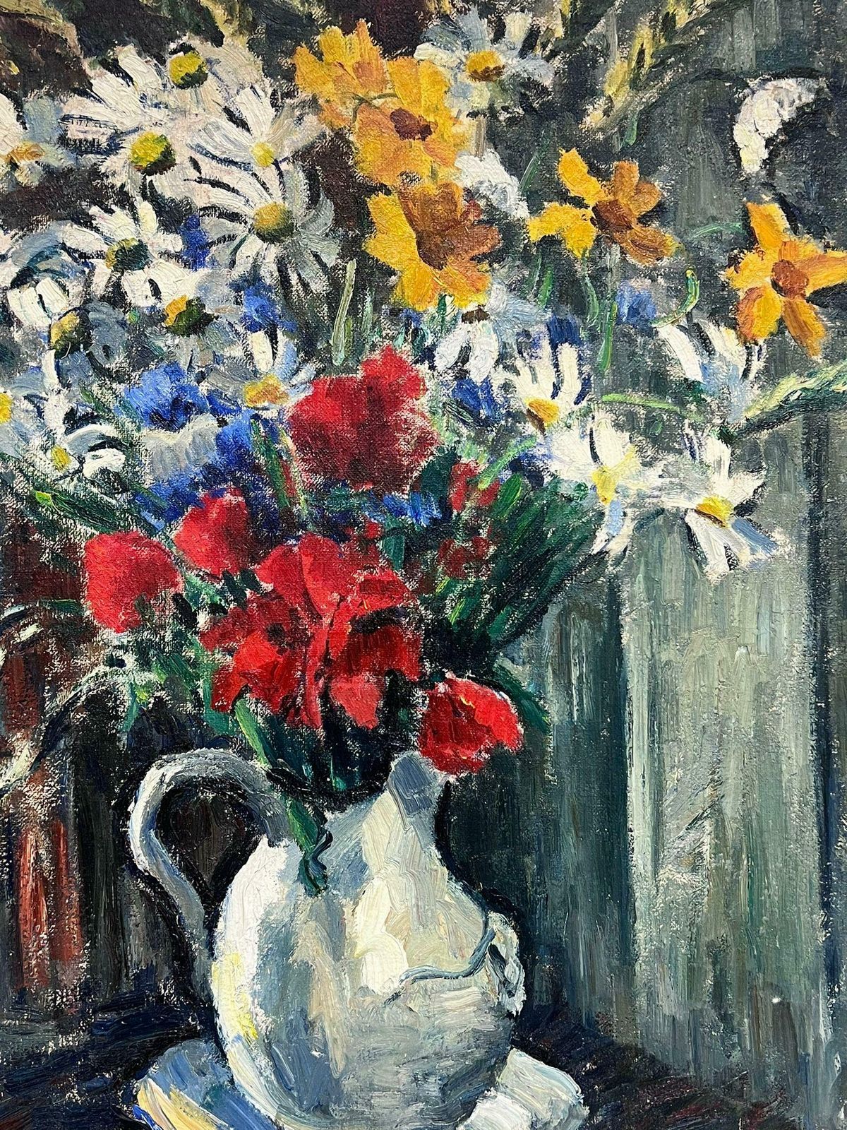French Schoolfrench 1950's Signed Large Oil Painting Colourful Flowers In Vase Still Life photo for sale
