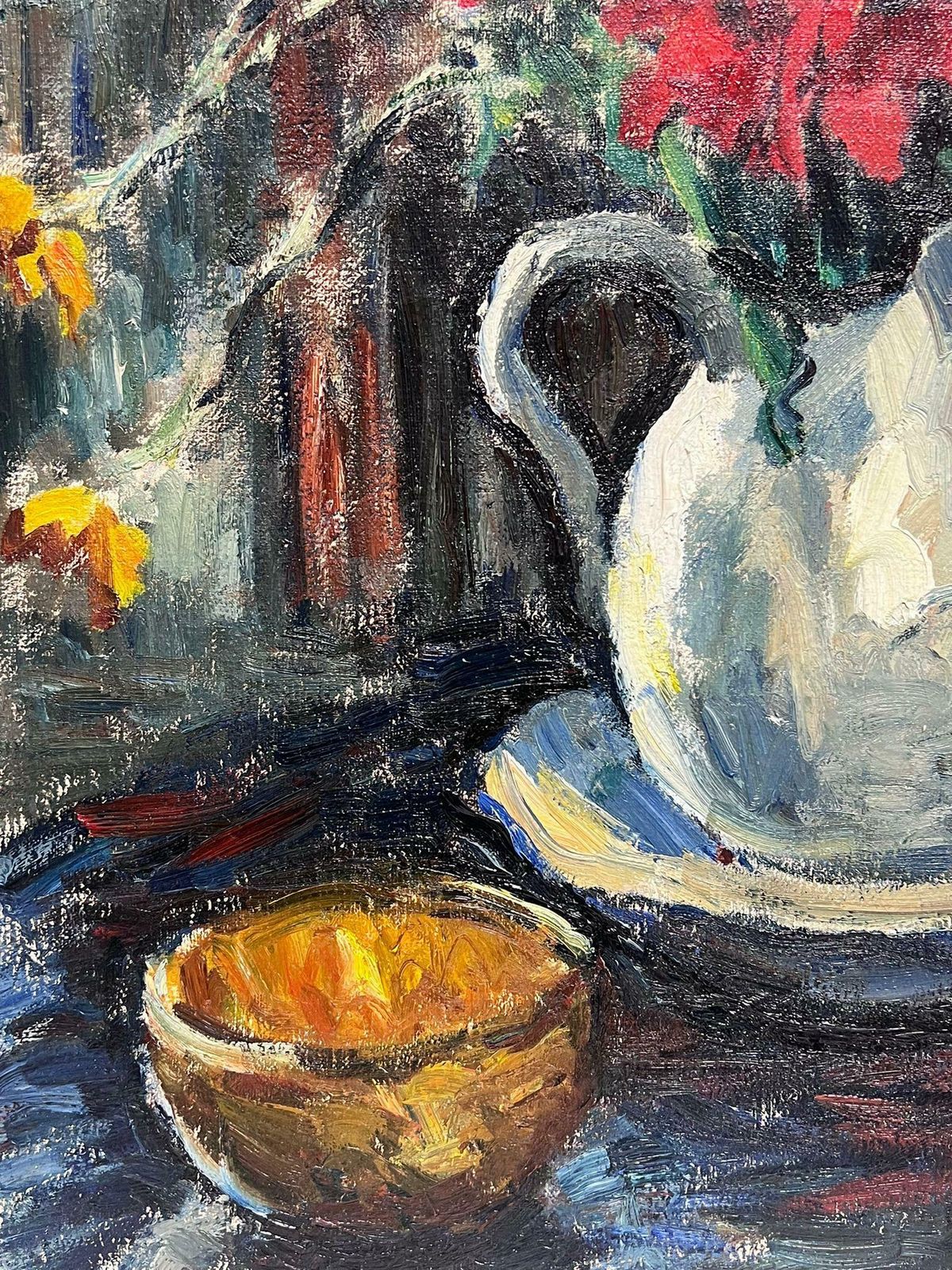 French Schoolfrench 1950's Signed Large Oil Painting Colourful Flowers In Vase Still Life photo buy