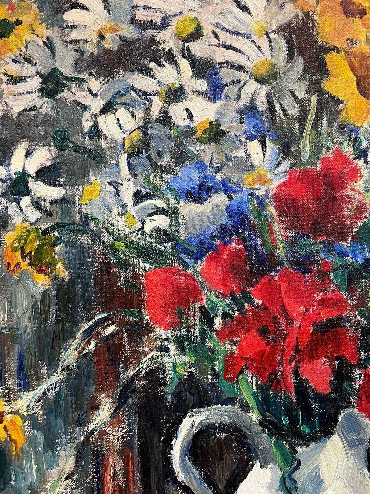 French Schoolfrench 1950's Signed Large Oil Painting Colourful Flowers In Vase Still Life photo vintage