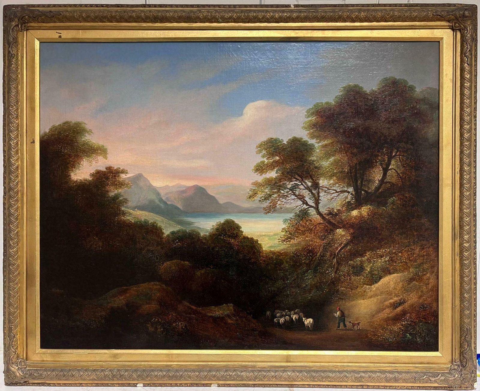Irish Mid 19thchuge 1850's Irish Romantic Sunset Landscape Over Lough Waters & Mountainsc. 1850's photo vintage