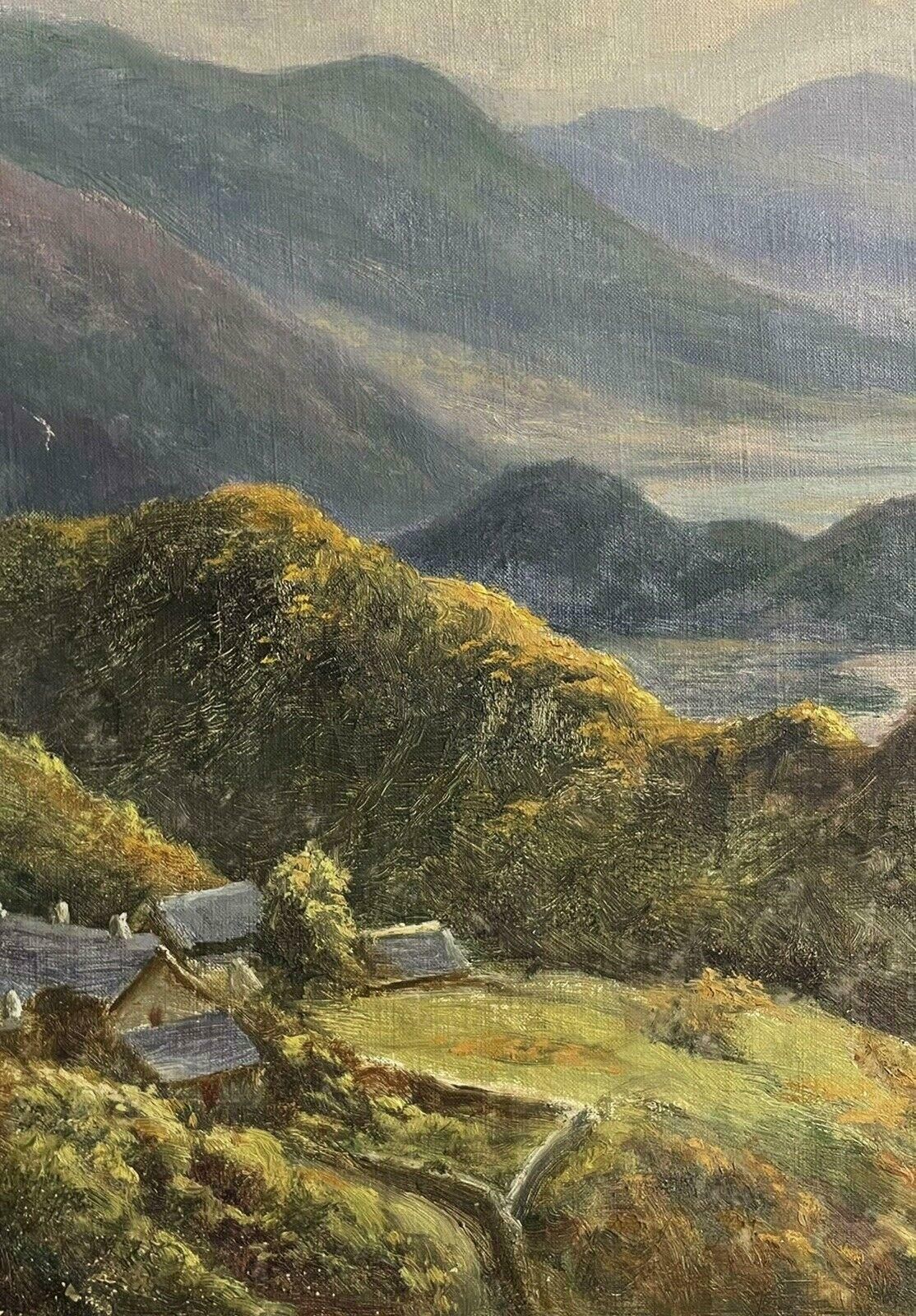 Irish Schoolantique Irish Oil Painting Mountain Lake Scene Soft Golden Colors & Hills photo for sale