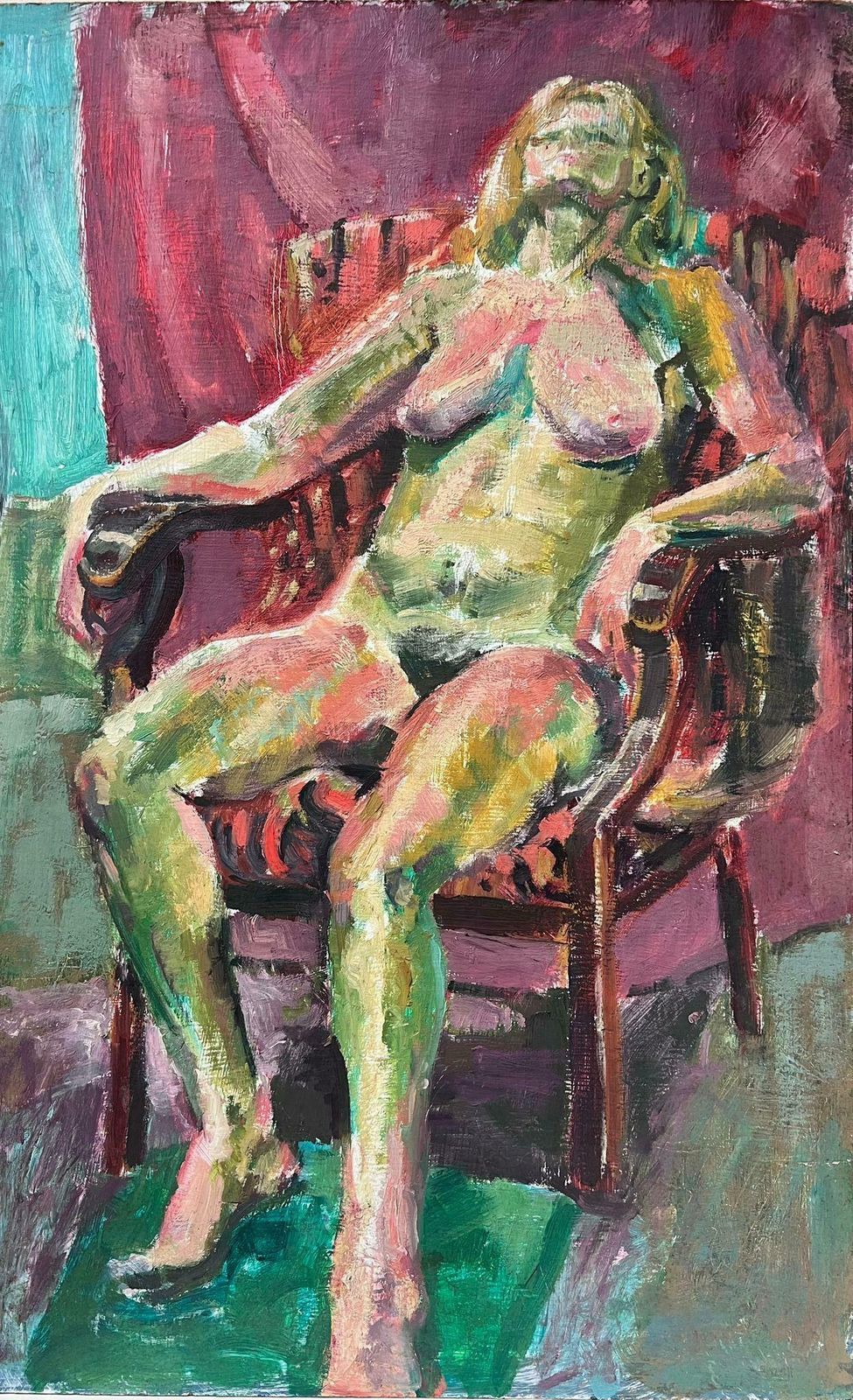 Helen Greenfield1980's British Modernist Oil Painting Nude Lady Reclining In Chair