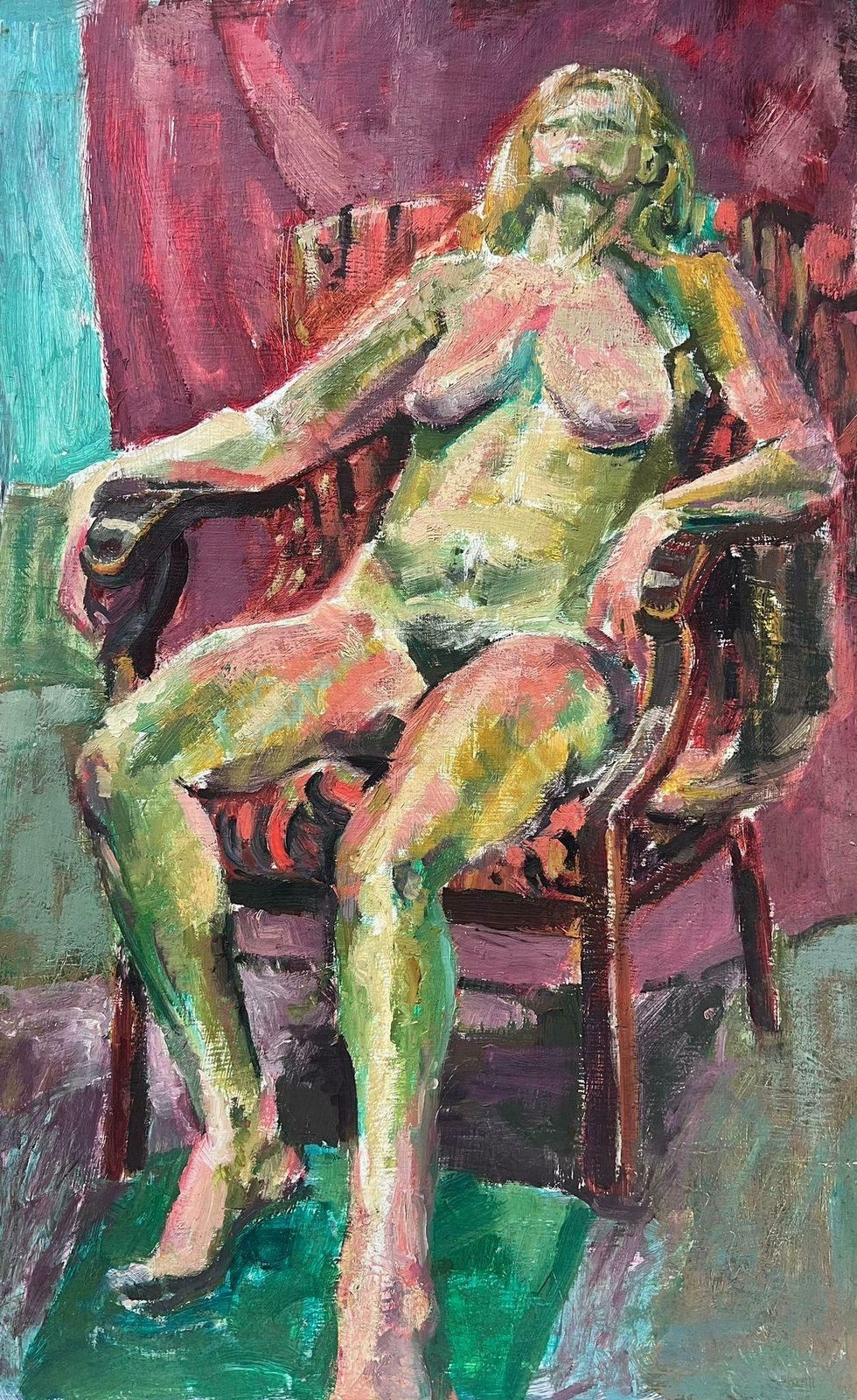 Helen Greenfield1980's British Modernist Oil Painting Nude Lady Reclining In Chair photo furniture