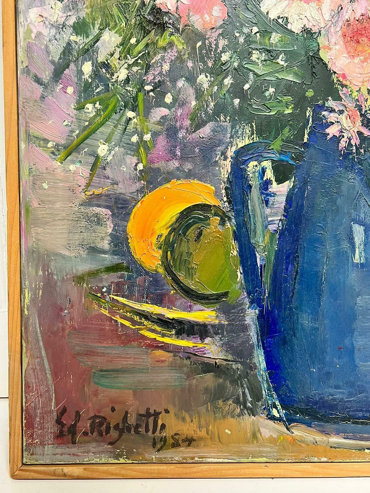 édouard Righetti (1924 2001)original French Mid Century Post Impressionist Oil Pink Flowers In Blue Vase1980's photo vinterior