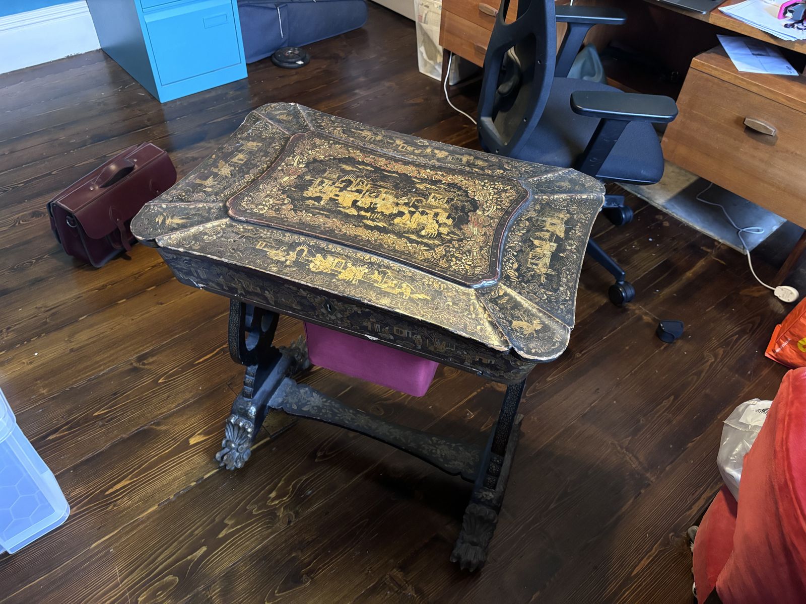 Chinoiserie Hand Painted Lacquered Sewing Table With Original Bone & Ivory Bobbins
