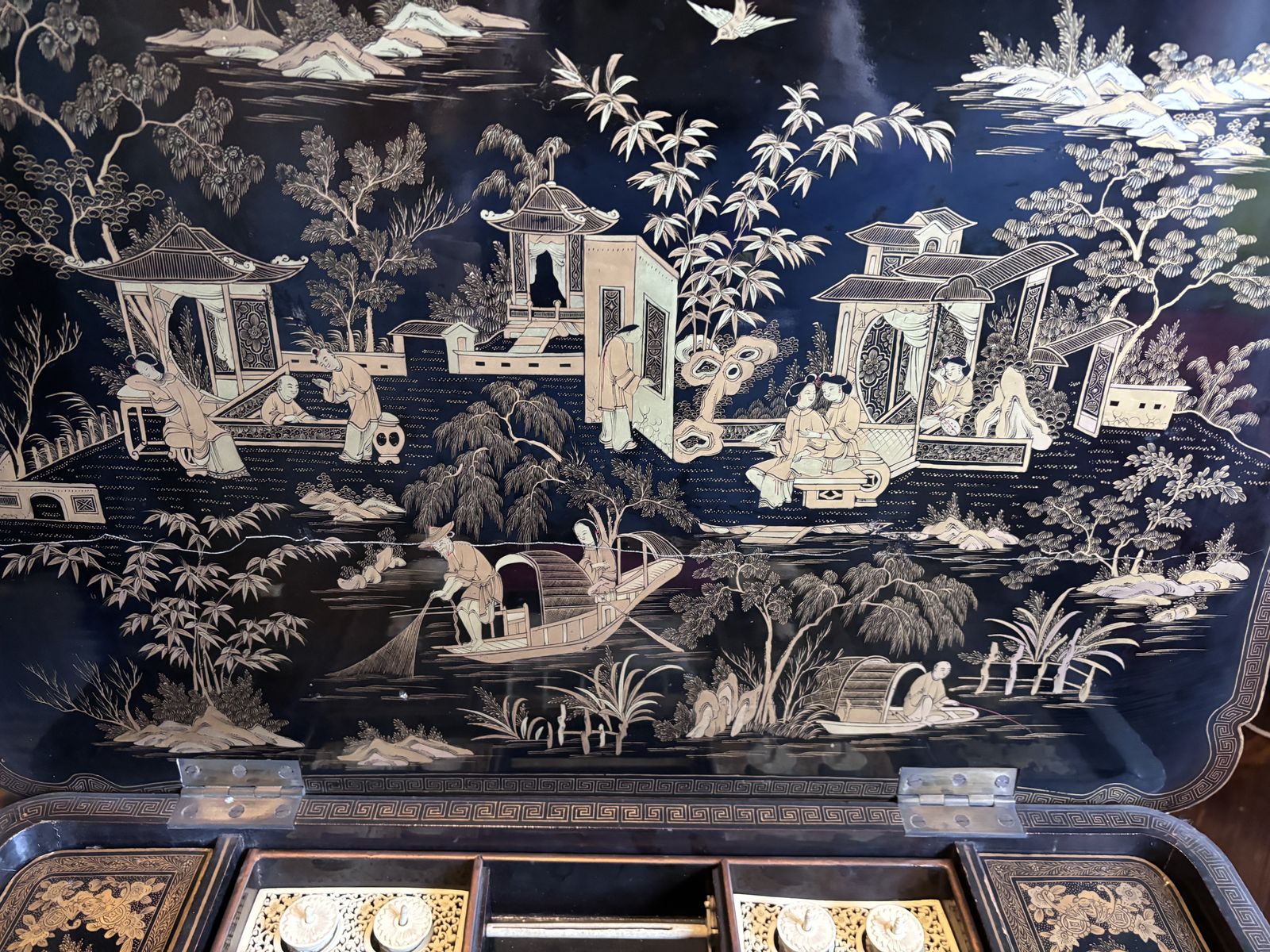 photo for sale Chinoiserie Hand Painted Lacquered Sewing Table With Original Bone & Ivory Bobbins