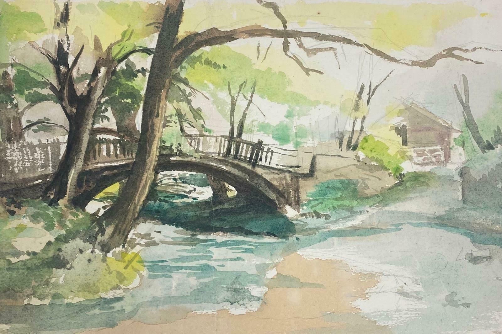 Frank Duffieldbritish Impressionist Painting Bridge And Flowing River In The Countryside Mid 20th Century