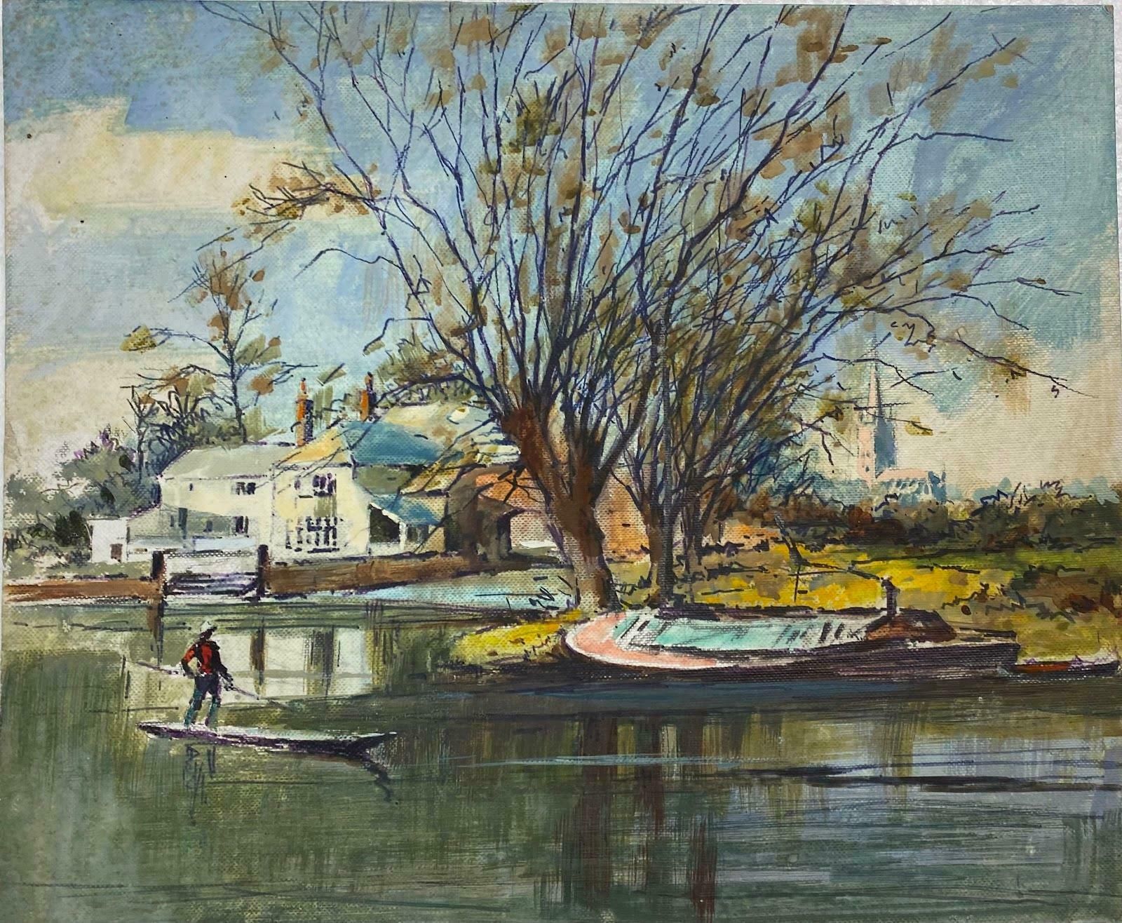 Frank Duffieldbritish Impressionist Painting Punt Boat On Lake Landscape Mid 20th Century