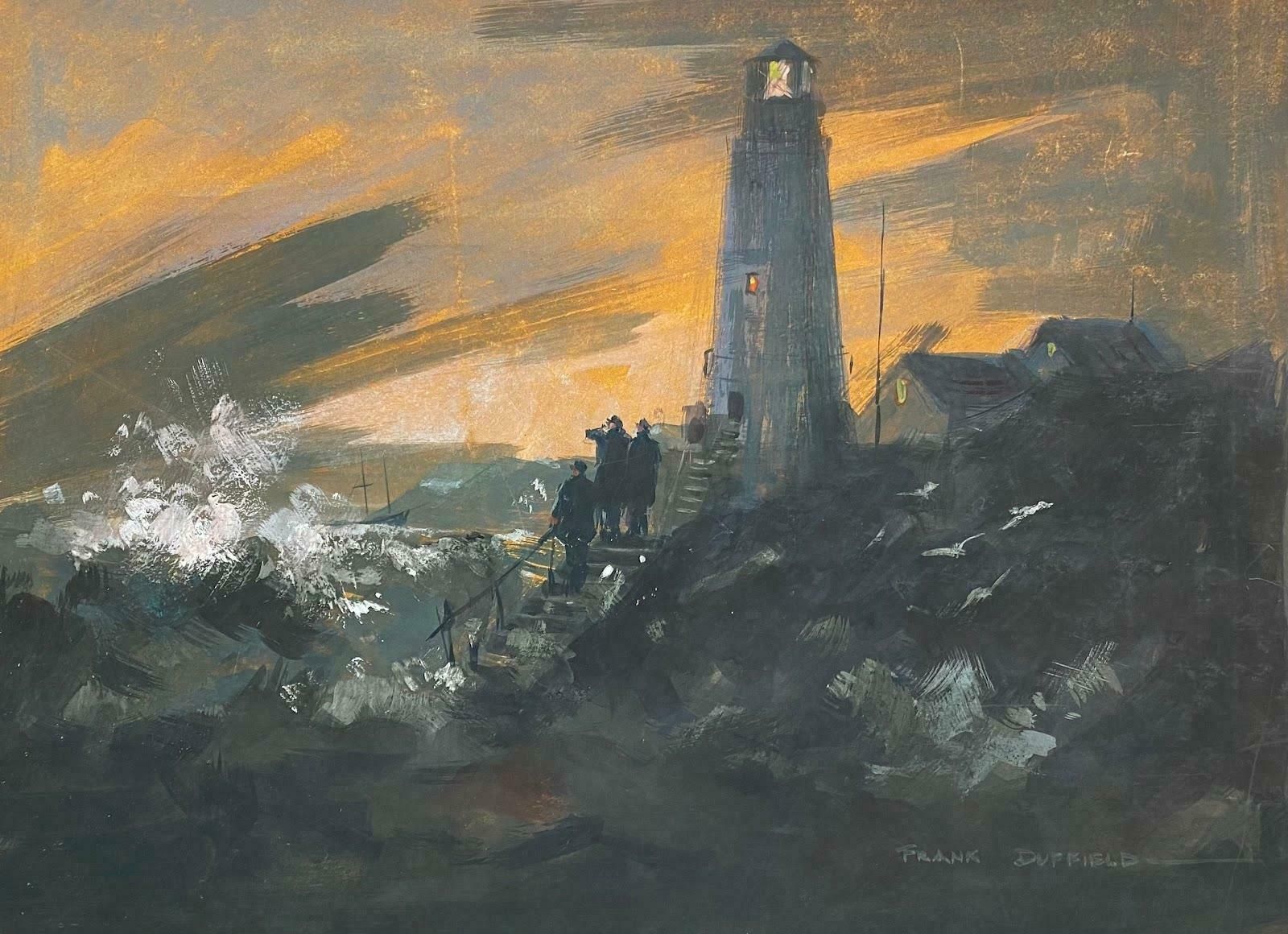 Frank Duffieldbritish Impressionist Painting Lighthouse Beneath Flaming Sky Mid 20th Century