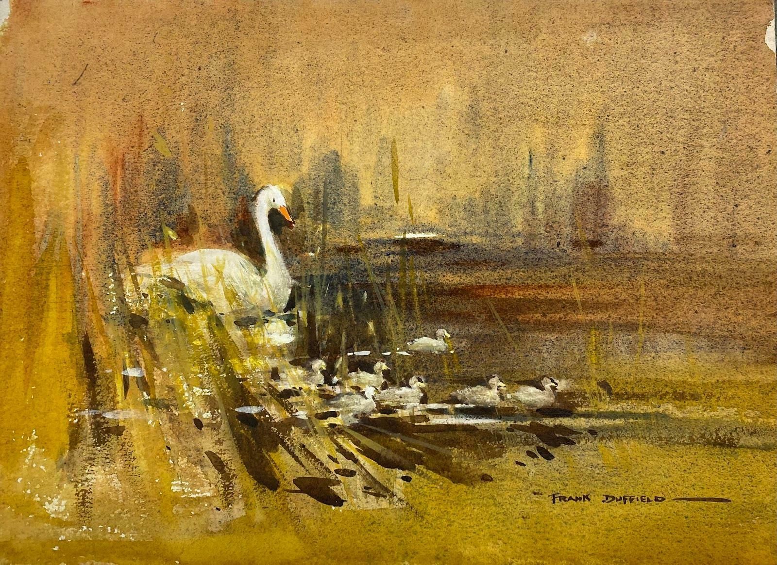 Frank Duffieldbritish Impressionist Painting Swan And Signets Gliding Across Peaceful Watersmid 20th Century