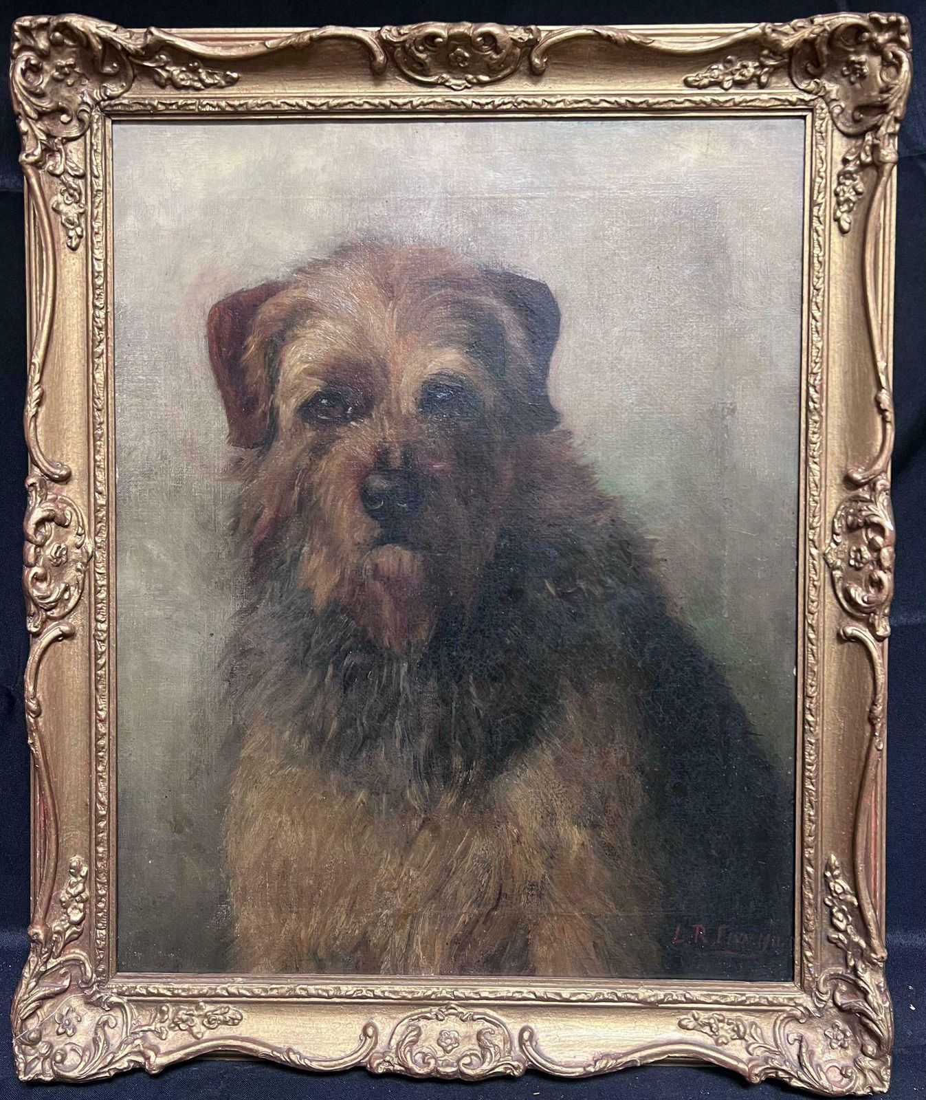 Leonard Richard Finnantique English Dog Painting Portrait Of Border Terrier Framed Oil Painting