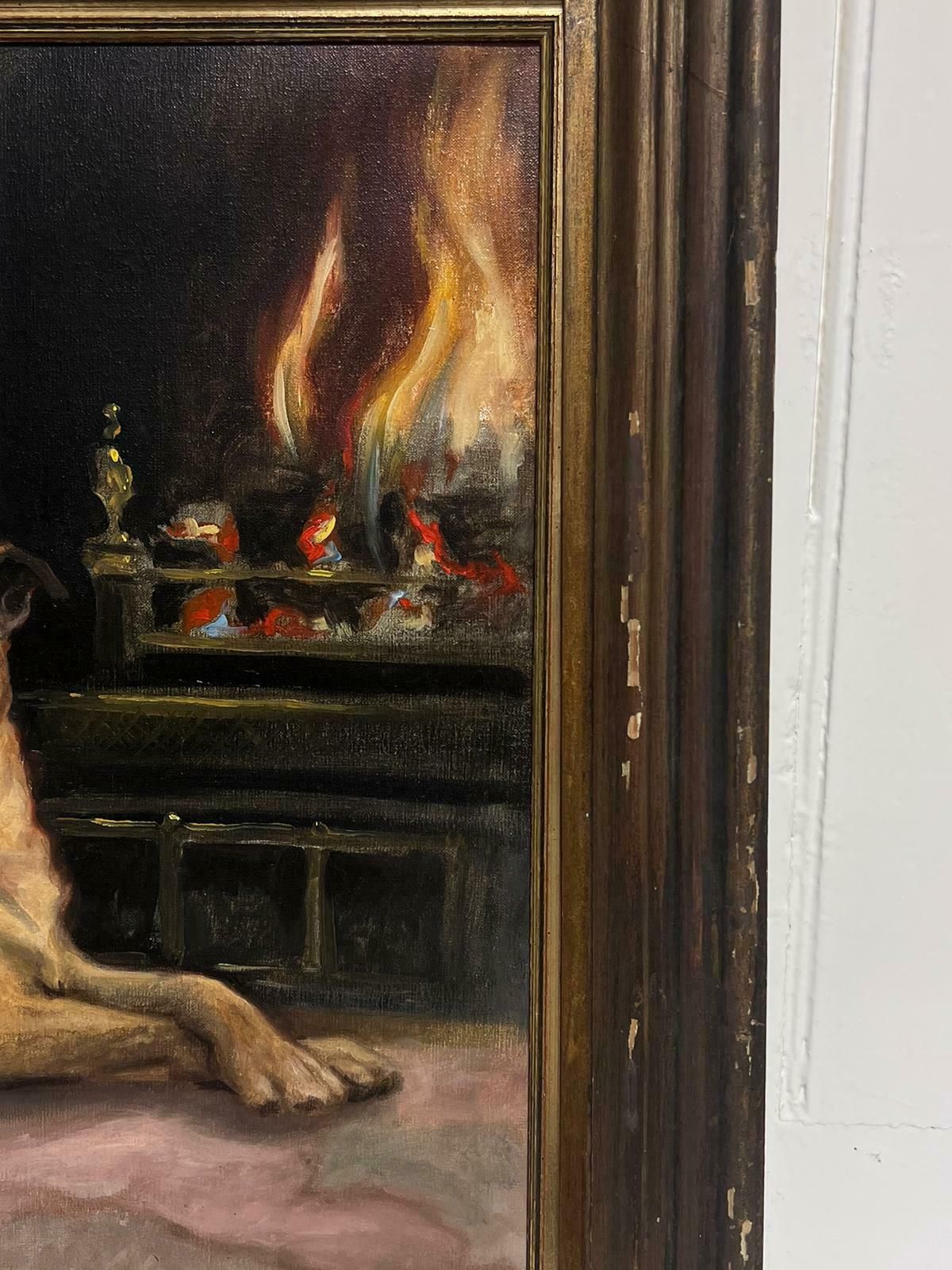 Hazel Morganenglish Dog Oil Painting Boxer Dog Beside Open Fireplace In Home Signed Original photo Art
