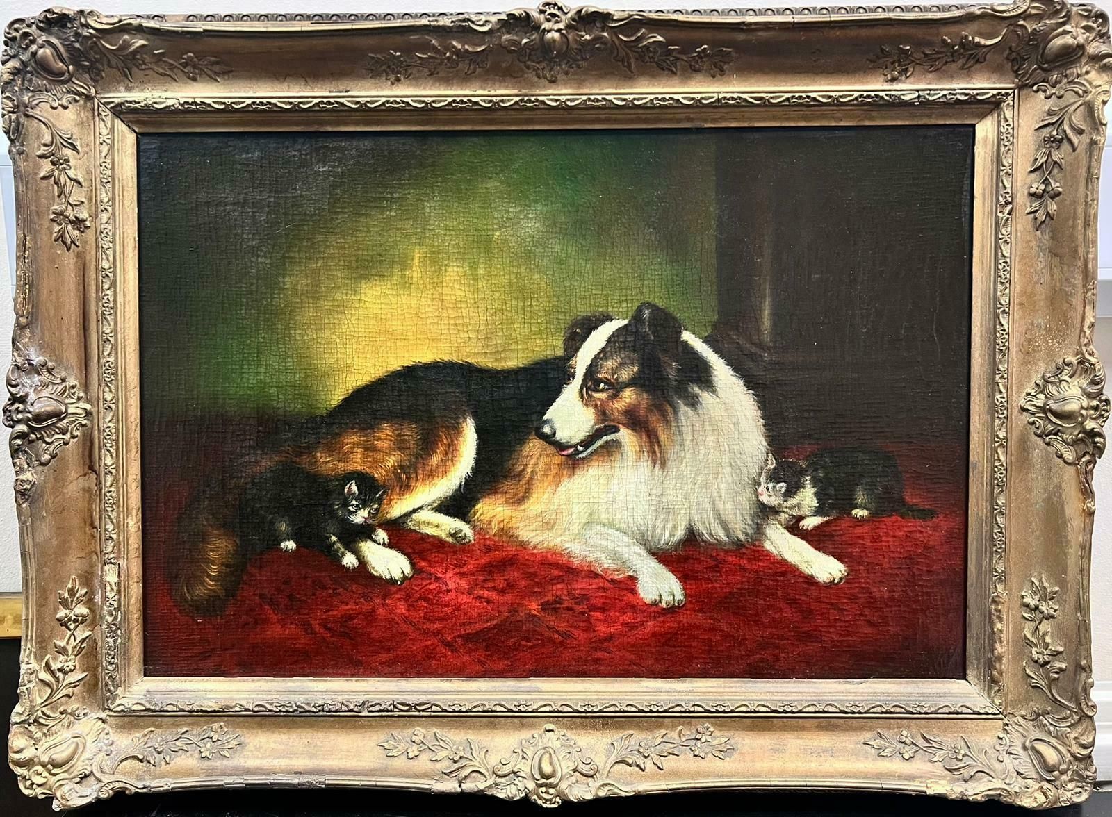 Antique English Oil Collie Dog With Kittens Antique English Victorian Dog & Cat Oil Painting