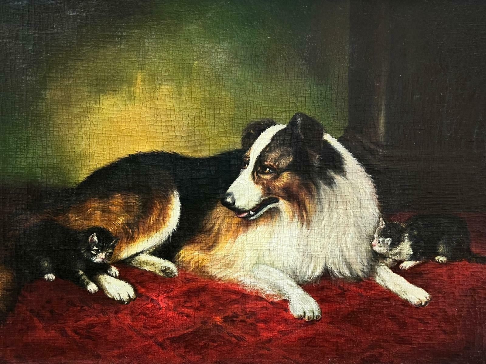 Antique English Oil Collie Dog With Kittens Antique English Victorian Dog & Cat Oil Painting photo furniture