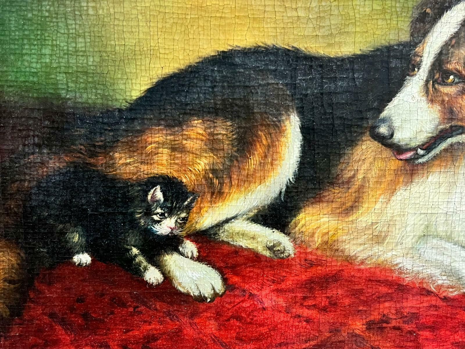 Antique English Oil Collie Dog With Kittens Antique English Victorian Dog & Cat Oil Painting photo for sale