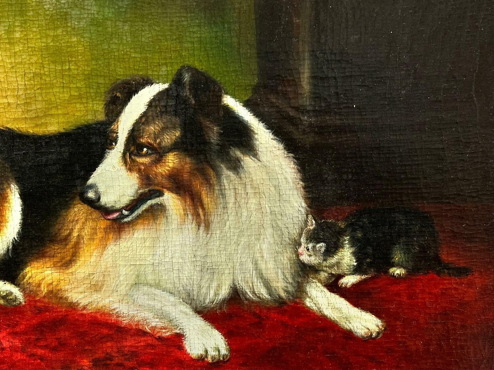 Antique English Oil Collie Dog With Kittens Antique English Victorian Dog & Cat Oil Painting photo Art
