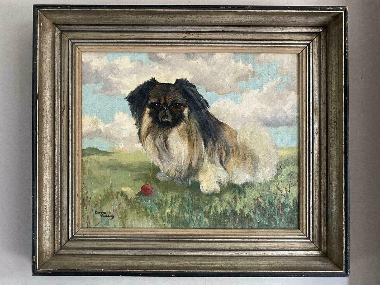 David Viviansigned 1950's English Dog Oil Painting   The Pekingese With Ball In Landscapec. 1960's photo for sale