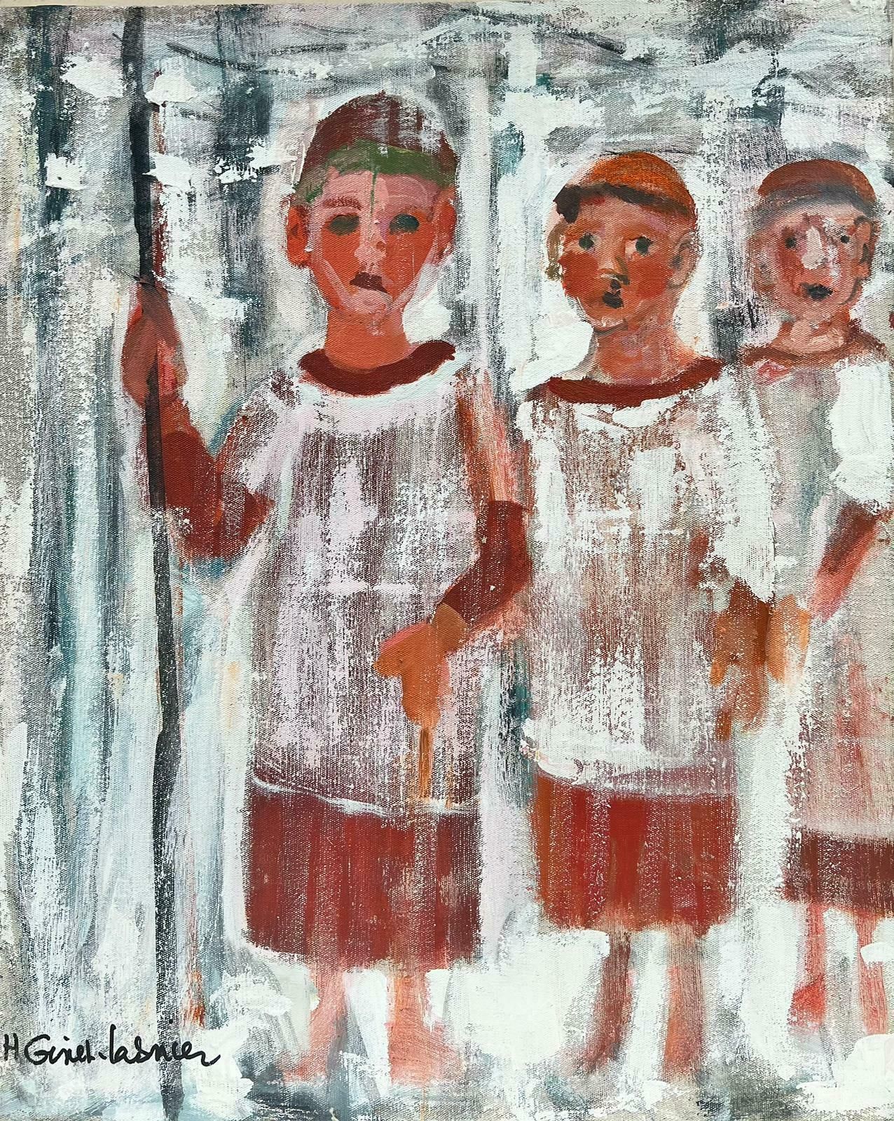 Huguette Ginet Lasnier Contemporary French Abstract Portrait Three Children Standing In Snow Signed Oilc. 2000's