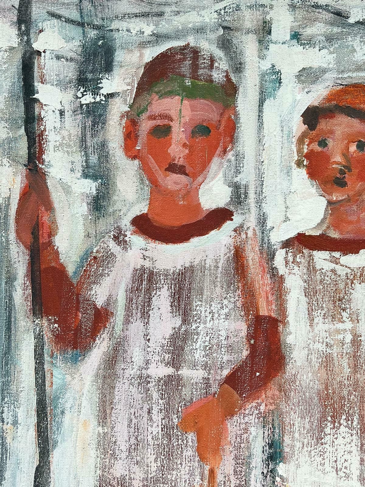 Huguette Ginet Lasnier Contemporary French Abstract Portrait Three Children Standing In Snow Signed Oilc. 2000's photo Art