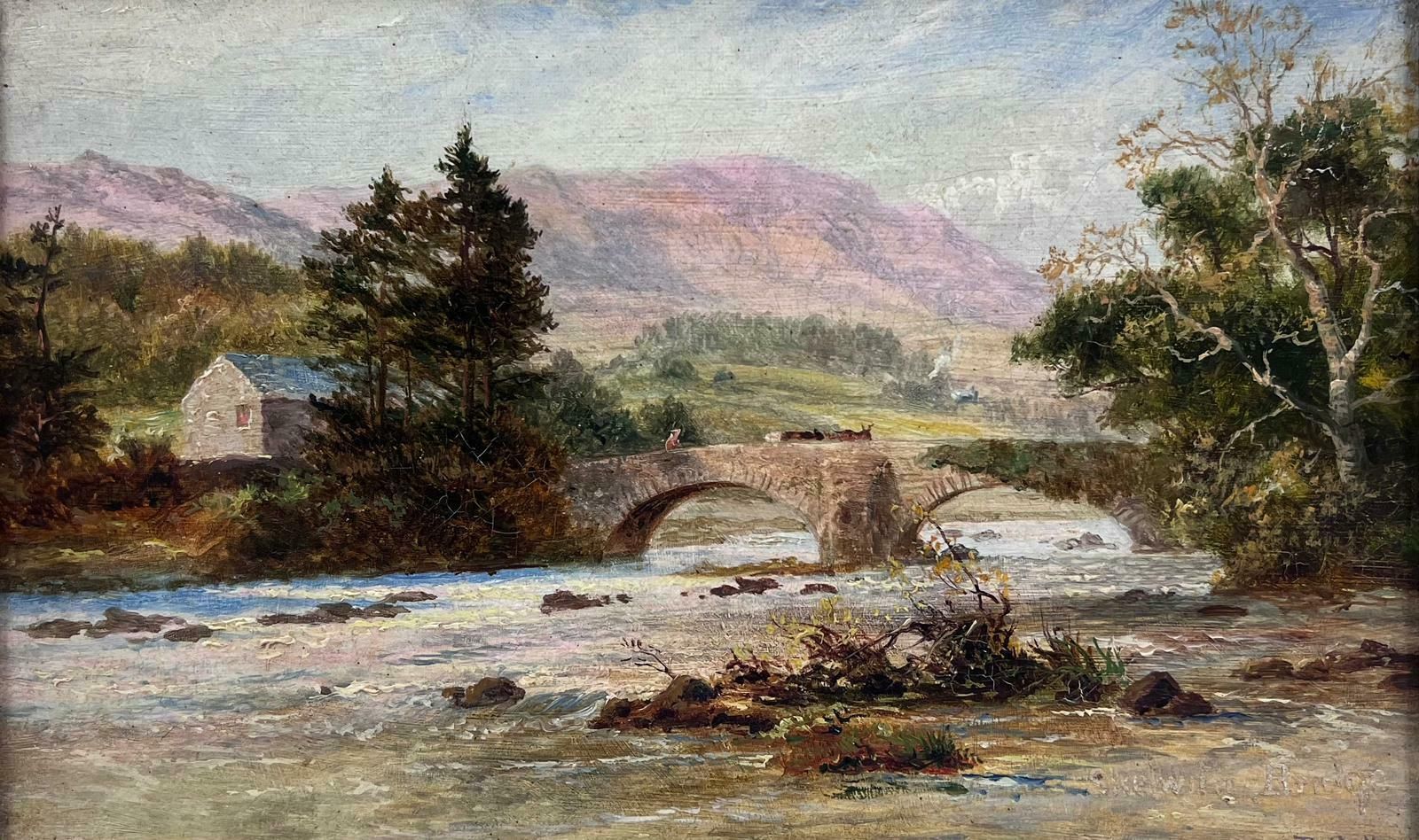 Scottish Schoolantique Scottish Signed Oil Painting Cattle Over Stone Bridge Highland River photo furniture