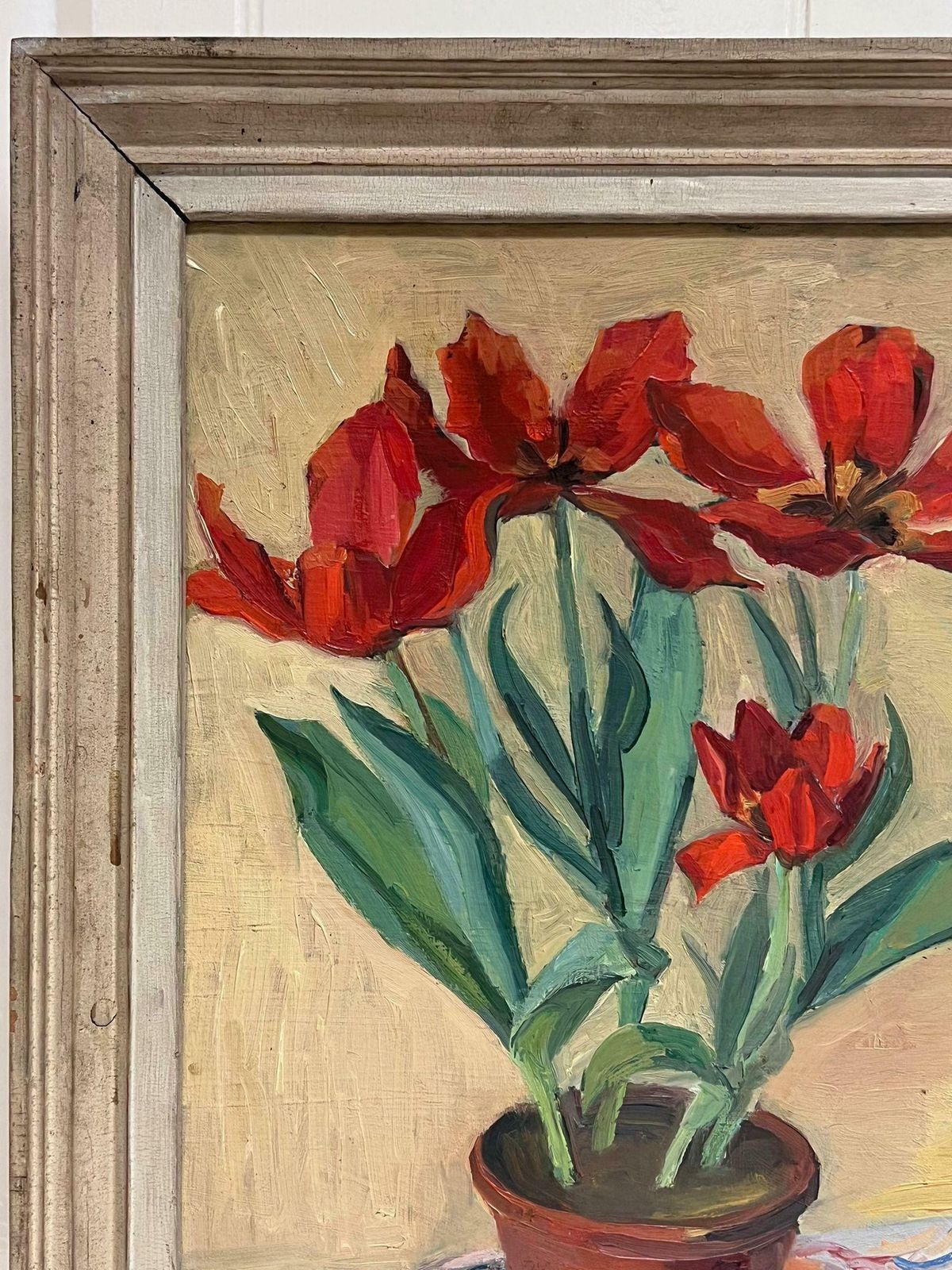 Marcel Chesneaumid 20th Century French Signed Oil Painting Red Tulips In Interior Original Frm1950's photo 1323.0