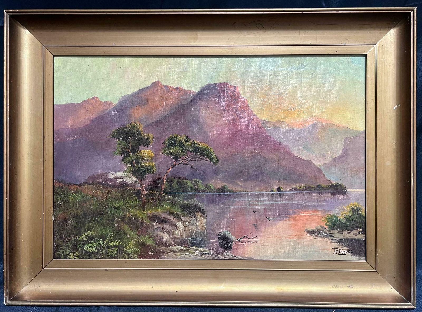 Jack M. Duckerloch Awe Scottish Highlands Pink Sunset Over Mountains & Loch Antique Oil photo furniture